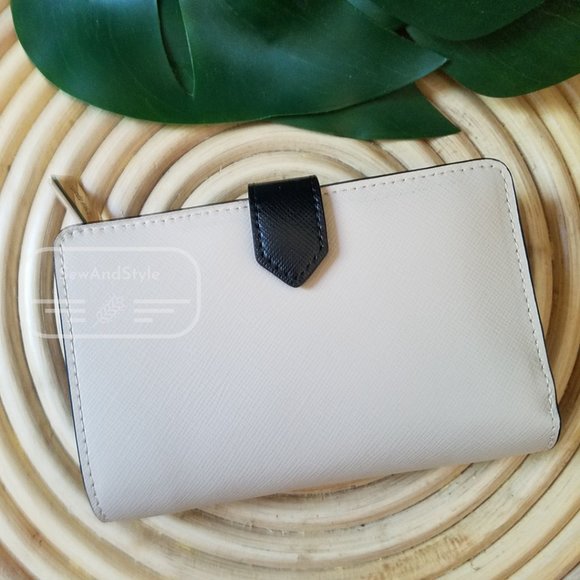 MEDIUM COMPACT BIFOLD WALLET KATE SPADE STACI COLORBLOCK WARM BEIGE BLACK BRAND - Picture 4 of 10